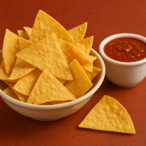 Bowl of chips and mild salsa.