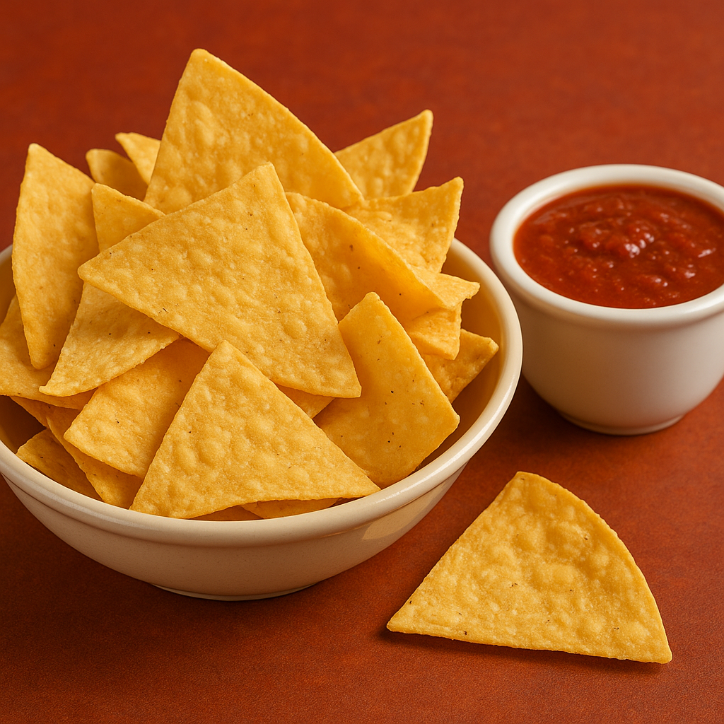 Bowl of chips and mild salsa.