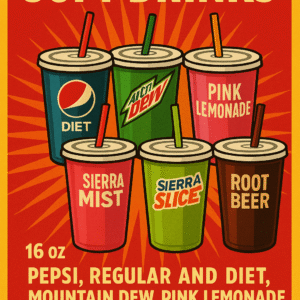 Colorful illustrated poster of 16 oz soft drinks for a Mexican restaurant, featuring labeled to-go cups of Pepsi, Diet Pepsi, Mountain Dew, Pink Lemonade, Sierra Mist, Orange Slice, and Root Beer on a vibrant red and yellow background.