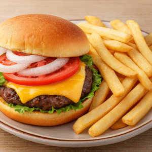 Image of a cheeseburger and fries.