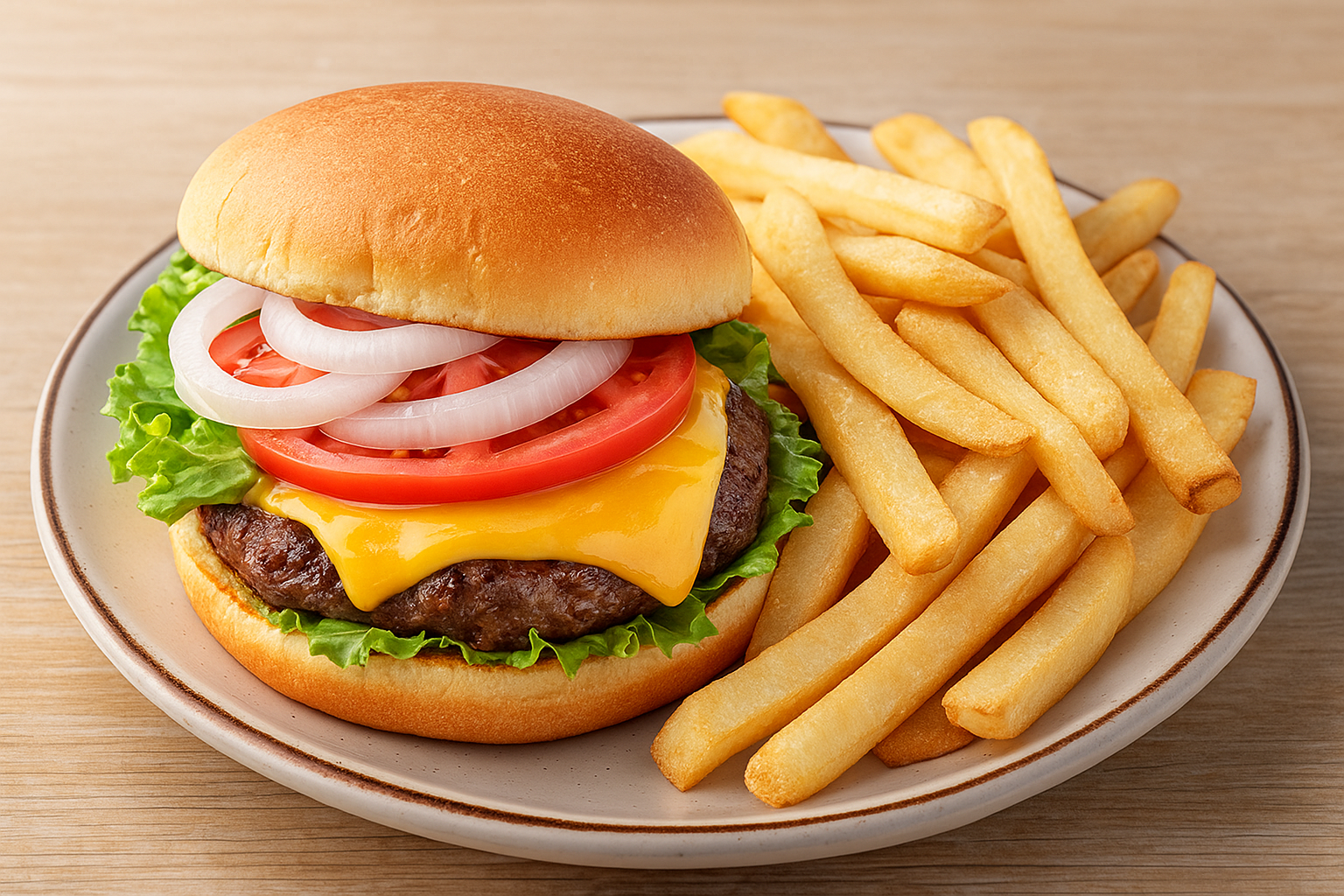 Image of a cheeseburger and fries.