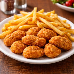 Thisd is a plate of chicken nuggets and fries.